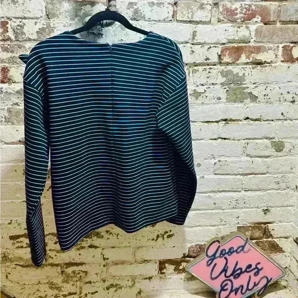 BANANA REPUBLIC striped long sleeved shirt in navy and white with bow at neck. - Picture 3 of 3